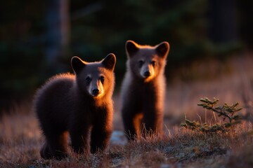 Two adorable bear cubs explored a sunlit forest scene, their fur glowing warmly in the serene wilderness setting.