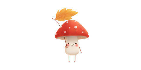Naklejka premium Cute Cartoon Mushroom Character Holding Leaf. Whimsical Nature Illustration Isolated On Transparent Background
