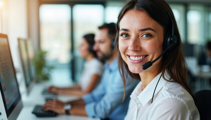 Smiling woman customer service working at desk with headset, she looks into camera, confident and cheerful. Smiling woman customer service is ready to help clients with all questions.
