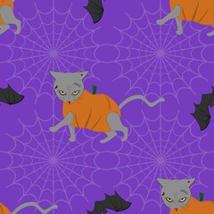 Scary cat with pumpkin halloween concept.Halloween seamless pattern design print, fabric print, paper wrap.
