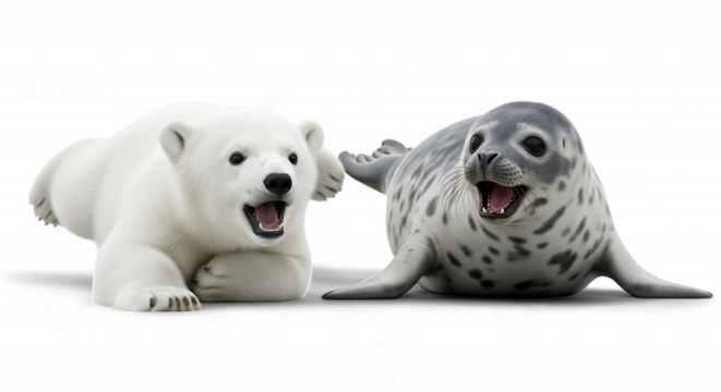 Cute polar bear cub and seal pup lying together isolated on transparent background