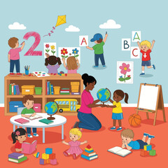 Kids Elementary School Back to School Cheerful Vector Illustration of Happy Students and Educational Supplies