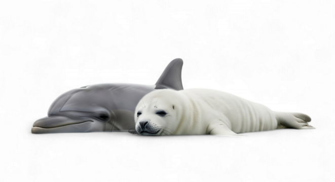 Cute baby dolphin and seal pup lying together isolated on transparent background