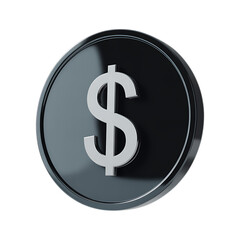 Obraz premium 3D rendering of a black metallic coin with a white dollar sign. Represents finance, currency, investment, wealth, and business.