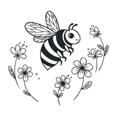 Cute cartoon bee flying with flowers in black and white design. Vector illustration