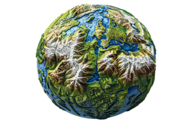 3D-Rendered Globe Displaying Intricate Topography Isolated on Transparent Background PNG