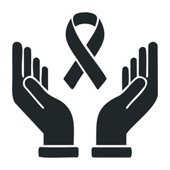 Fototapeta premium Black ribbon emblem with hands symbolizing awareness and support. Vector illustration