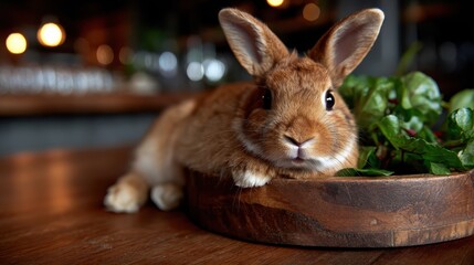 Obraz premium A cute rabbit lounges contentedly in a wooden bowl filled with fresh greens, showcasing the beauty of nature and the adorable charm of wildlife in a cozy, inviting setting.