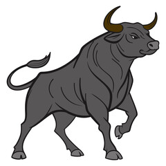 Powerful gray bull charging forward on black background