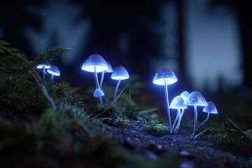 Luminescent mushrooms in a mystical forest