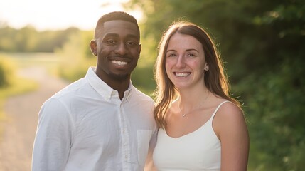 A smiling interracial couple enjoying golden hour in a soft, blurred park setting.