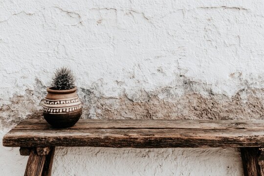 Simple rustic bench with terracotta pot and small cactus against a textured white wall