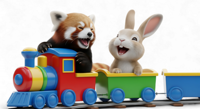 Cute red panda and bunny rabbit riding a colorful toy train isolated on transparent background - Powered by Adobe