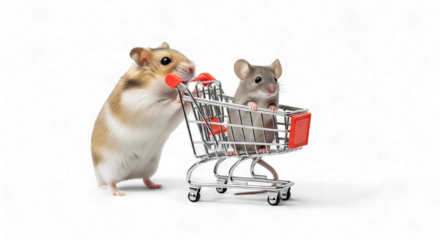 Two cute hamsters, one pushing a miniature shopping cart with another riding inside, isolated on transparent background