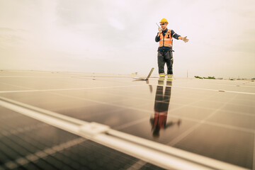 Worker conducts maintenance on solar panels at a renewable energy facility during daytime in a sunny environment