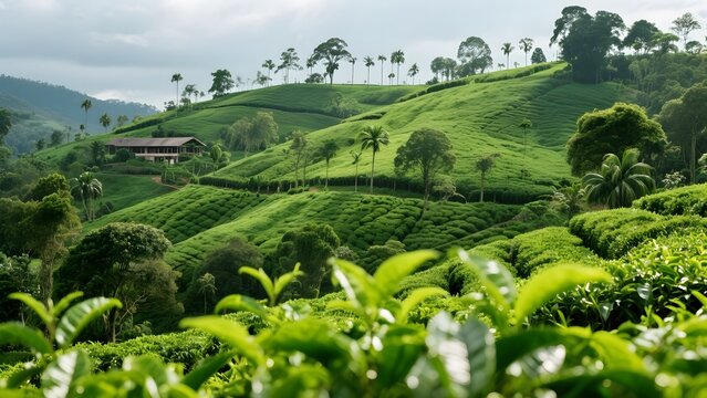 Lush tea plantation on rolling green hills with a small building nestled in the landscape