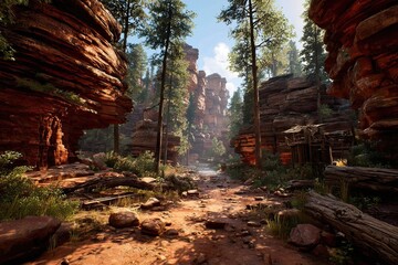 Obraz premium Sun-drenched canyon path, red rock walls, lush forest