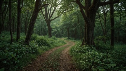 Obraz premium A winding, overgrown path leading into a dense, mysterious forest. An invitation to explore.
