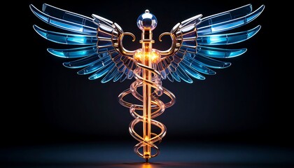 Illuminated Glass Caduceus Symbol with Blue Wings and Golden Details