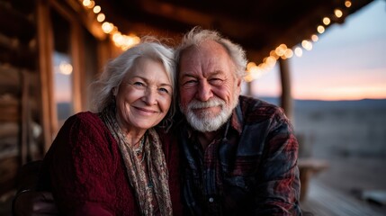 This heartwarming image captures a joyful elderly couple embracing each other on a wooden porch, adorned with soft lighting as the sun sets in the background.