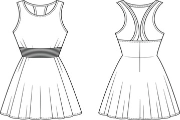 Fashion sleeveless dress design, front and back view, CAD drawing, flat vector illustration, garment sketch, fashion template, stylish apparel, technical layout