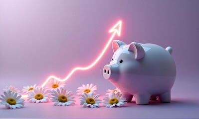 A pristine white piggy bank surrounded by daisies, illuminated by a glowing pink arrow symbolizing financial growth and prosperity.