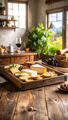 Wooden cheese board with assorted cheeses, crackers, and grapes on rustic table