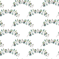 Geometric seamless eucalyptus pattern, branches with leaves, hand drawn watercolor rustic botanical ornament isolated on white background. Ideal for printing on packaging, wrapping, fabric, textile