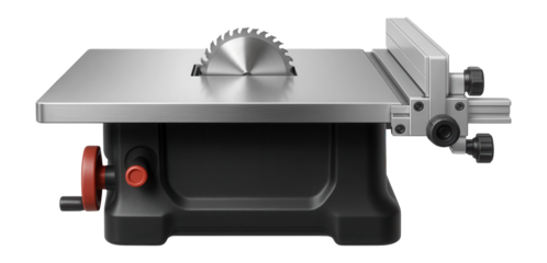 Precision table saw with a micro-adjustable fence for detailed work in a fine woodworking studio.