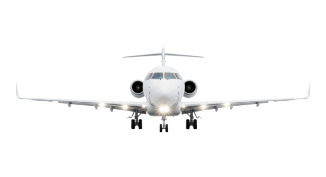 A pristine, modern white twin-engine passenger jet airplane with landing gear extended and bright landing lights illuminated, isolated against an expansive transparent background, concept of