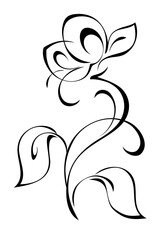 decorative element with a stylized flower on a curved stem with leaves and curls; graphic design