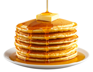  Floating Pancake Stack with Butter Mid-Melt and Syrup Pour Stream, Cutaway View, Transparent Background