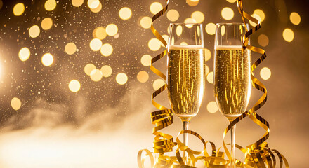 Golden Celebration: Champagne Toast with Bokeh Lights