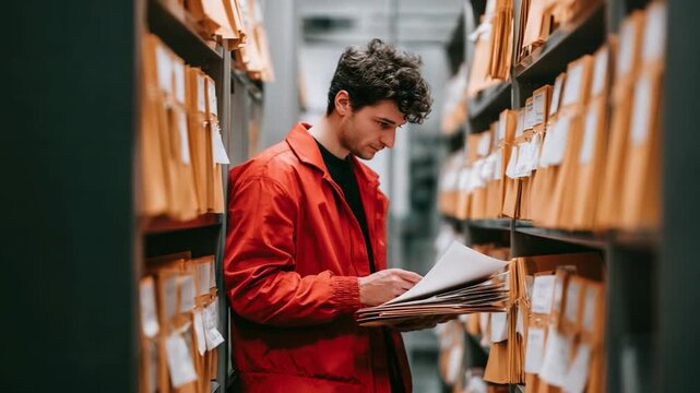 The Archivist: Focused on research and organization, the individual meticulously reviews documents within a repository filled with files. A scene portraying intellectual curiosity and dedicated study.