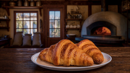 Freshly baked croissants on wooden table in kitchen, interior of an old house with a wood-burning oven, traditional recipes and home cooking as connection between generations and a culinary journey