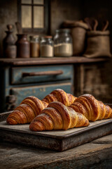 Croissants resting after baking, old local bakery with traditional pastries, fire burning in the oven, concept of coziness and favorite desserts, vertical shot