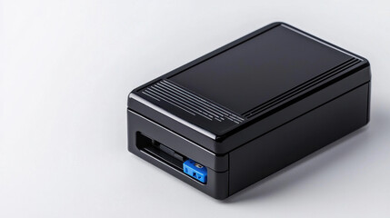 Sleek black electronic device with smooth surface and blue connector port, ideal for modern technology setups