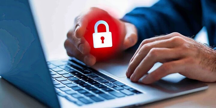 Data privacy visualization featuring a user typing on a laptop with a holographic lock symbol, emphasizing security and app protection, neutral background