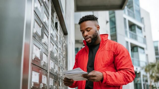 Man in Red Checks Mail: A man in a red jacket stands outside, focused on checking mail. This captures daily routines, correspondence, and community engagement.