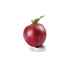 Minimalist food-themed watercolor image of a shiny red apple with a green leaf placed against a white ceramic tile background. 