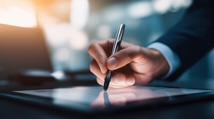 オフィスでデジタルタブレットにペンで書き込むビジネスパーソンの手元 | Hand of a business person writing on a digital tablet with a pen in an office