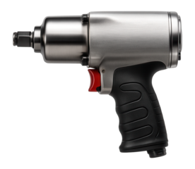 Pneumatic impact wrench with a variable speed trigger and ergonomic grip for a mechanical workshop.