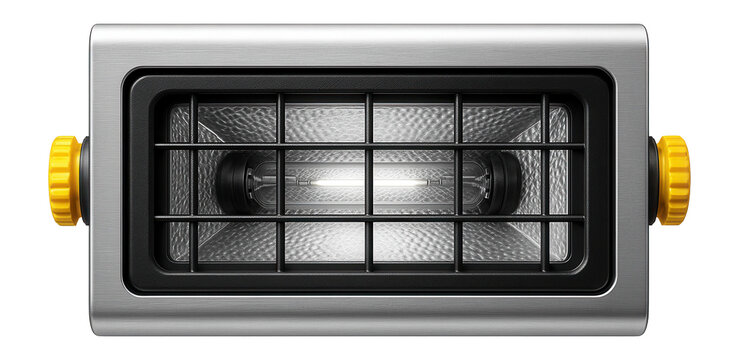 Halogen construction work light with a metal protective grill for outdoor renovations.