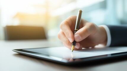 ビジネスシーンで書類にサインをするビジネスパーソンの手元 | Close-up of a business person's hand signing a document in a business setting