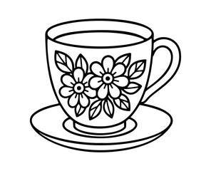 Tea Cup outline icon line art, black and white doodle style. Ideal for logo, tattoo, app, coloring book, web design, infographics, banner, poster, and more. Vector illustration