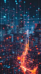 Obraz premium Futuristic cityscape with interconnected digital networks weaving through urban architecture