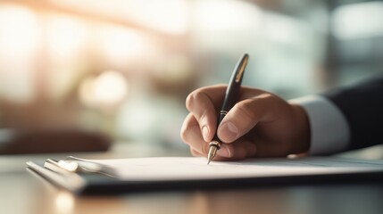 書類にペンで署名するビジネスパーソンの手元のクローズアップ | Close-up of a business person's hand signing a document with a pen