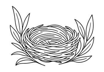 Nest outline line art, black and white doodle style. Ideal for logo, tattoo, app, coloring book, web design, infographics, banner, poster, and more. Vector illustration