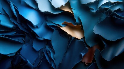 An artistic close-up showcasing layers of torn blue leather textures, creating a visually intriguing abstract composition that draws attention to the rich colors and patterns.