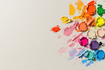 Naklejka premium Colorful paint palette with vibrant paints splattered on canvas, showcasing creativity and artistic expression